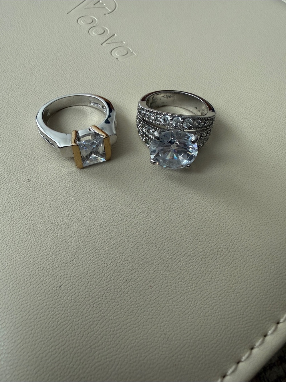 Silver-Tone White fake diamond Round and Square Statement Ring Set of 2